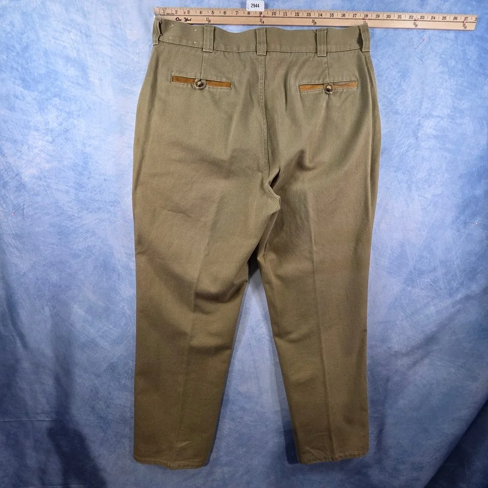 Orvis Mens Khaki Cotton Twill Pants Leather Trim Sporting Traditions Size 36x29
